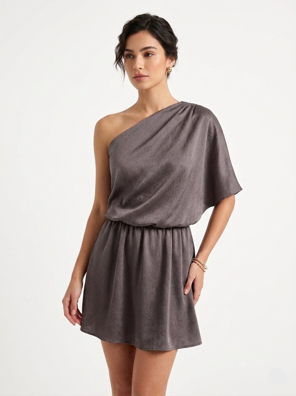 Lida Kate, One-Shoulder Taupe Mini Dress with Blouson Waist - S